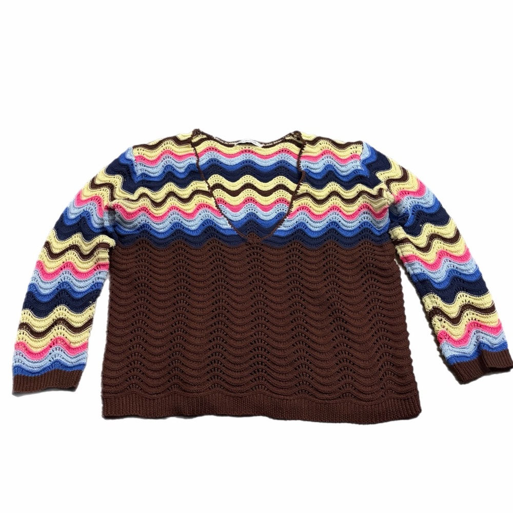 Y2K Does 60s/70s Crochet Zig Zag V-Neck Sweater (Brown/Multi) Size L